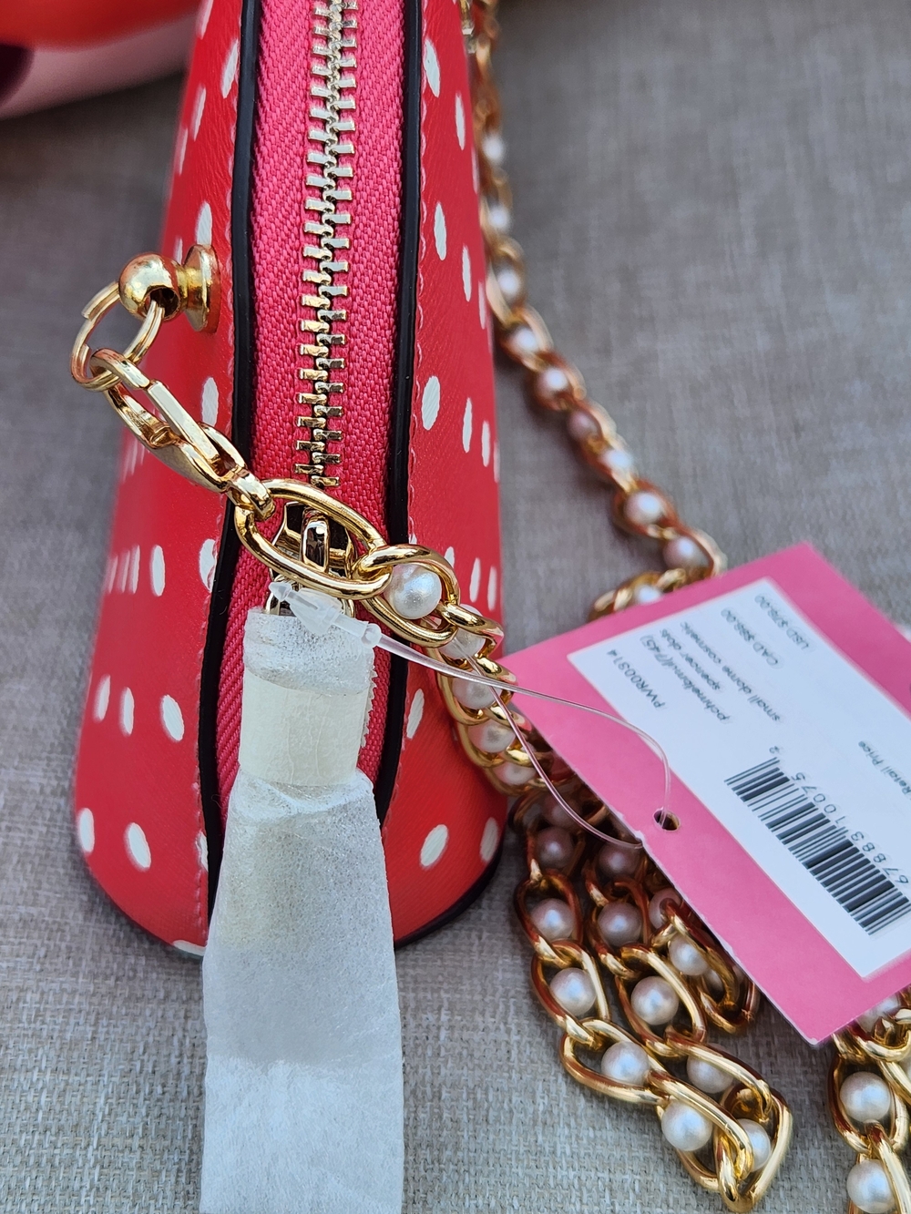 Kate Spade Coral & White Polka Dot Cosmetic Bag Upcycled Crossbody w. Chain NWT - Picture 3 of 16